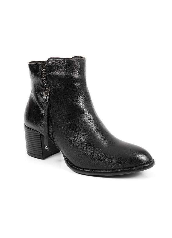 Via Miss - Bota Feminina Cano Curto Couro Bico Redondo Salto Ziper Preto