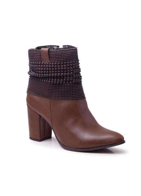 Via Miss - Bota Feminina Cano Curto Couro Micangas Salto Polaina Ziper Marrom