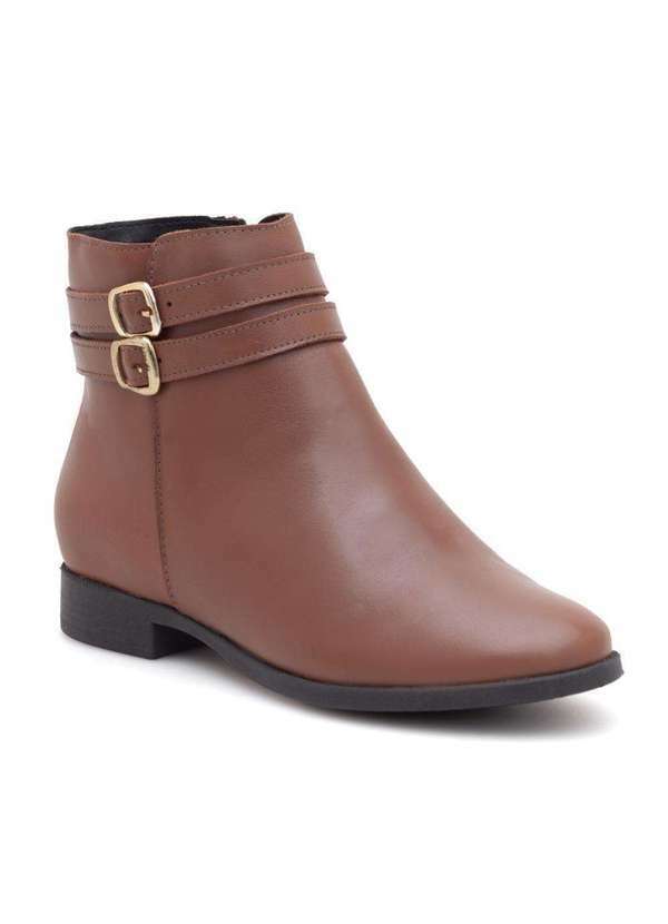 Via Miss - Bota Feminina Cano Curto Couro Rasteira Casual Fivela Ziper Marrom