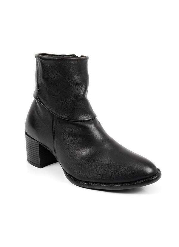 Via Miss - Bota Feminina Cano Curto Couro Salto Bico Redondo Conforto Preto
