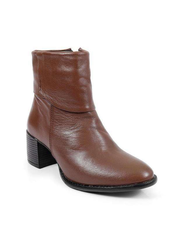 Via Miss - Bota Feminina Cano Curto Couro Salto Bico Redondo Conforto Marrom