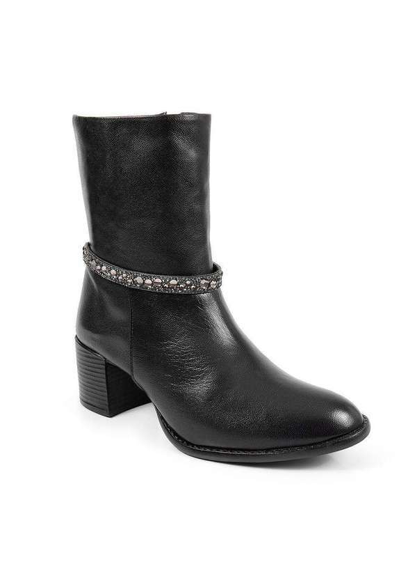 Via Miss - Bota Feminina Cano Curto Couro Salto Ziper Strass Moda Preto