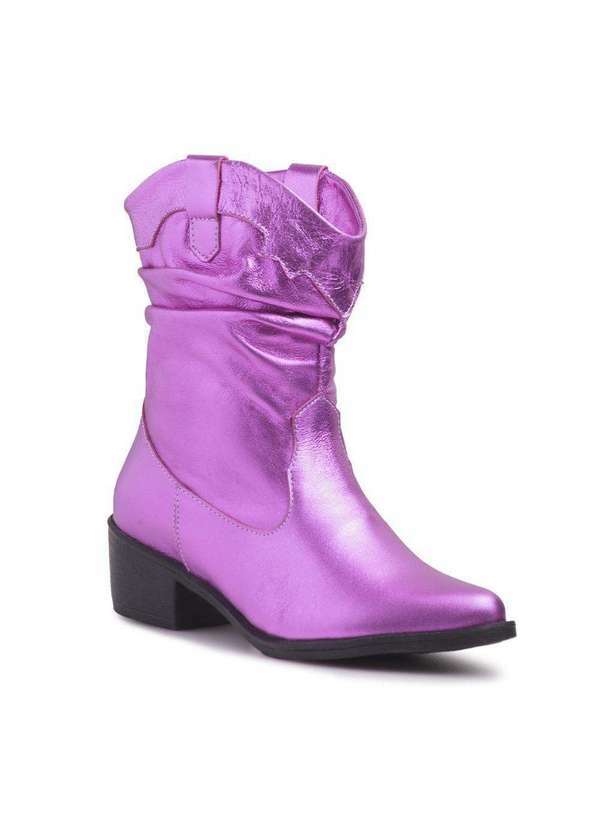 Via Miss - Bota Feminina Cano Curto Metalizado Couro Salto Western Rosa