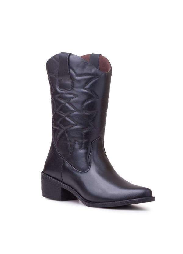 Via Miss - Bota Feminina Cano Longo Texana Couro Bordada Salto Bloco Preto