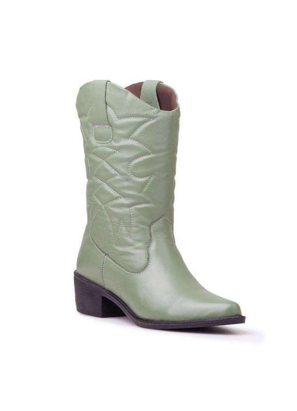 Via Miss - Bota Feminina Cano Longo Texana Couro Bordada Salto Bloco Verde Militar