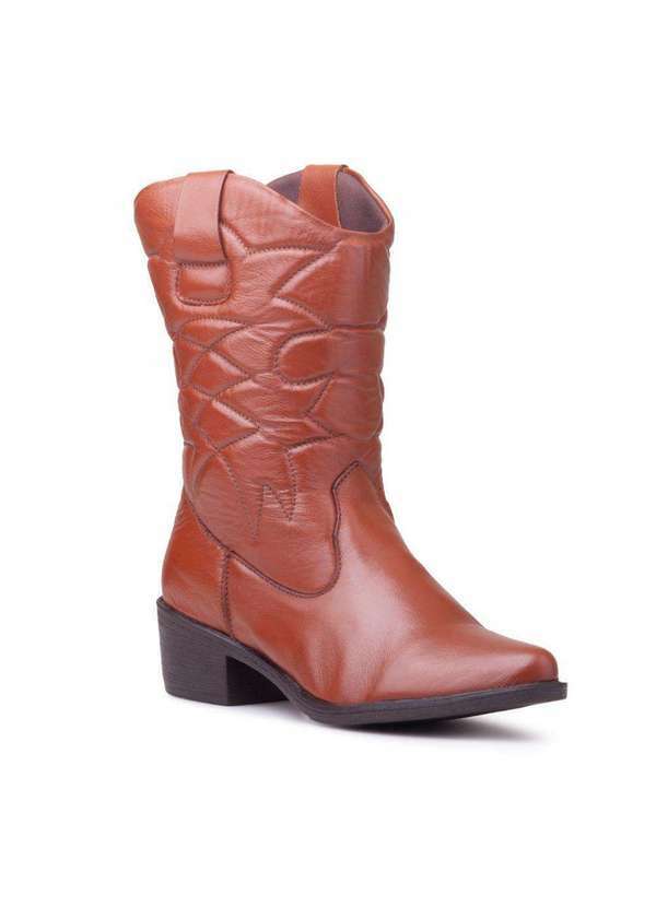 Via Miss - Bota Feminina Cano Medio Couro Salto Bloco Bico Fino Country Terracota