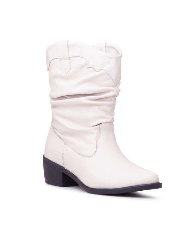 Via Miss - Bota Feminina Cano Medio Salto Bloco Country Couro Western Off White