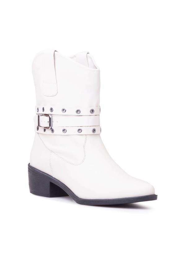 Via Miss - Bota Feminina Cano Medio Salto Bloco Couro Country Fivela Off White