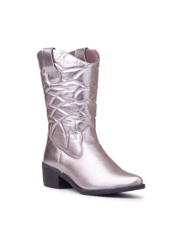 Via Miss - Bota Feminina Couro Bico Fino Country Salto Bloco Metalizada Prata