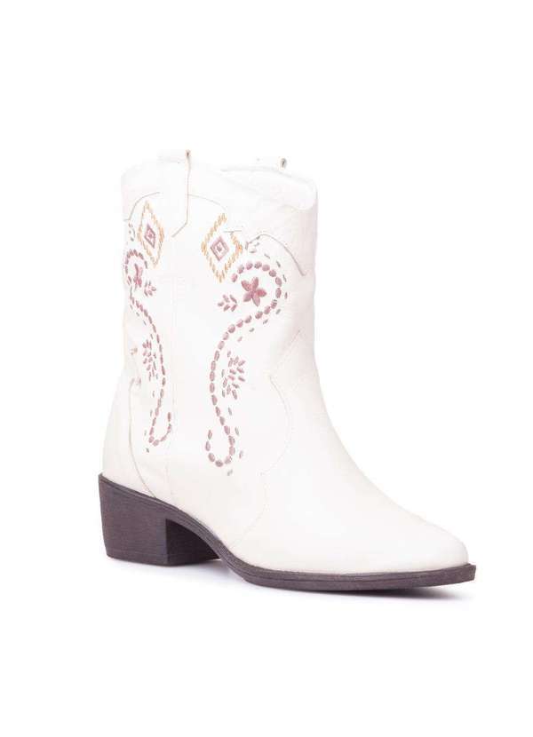 Via Miss - Bota Feminina Couro Bico Fino Country Western Bordada Estilo Off White