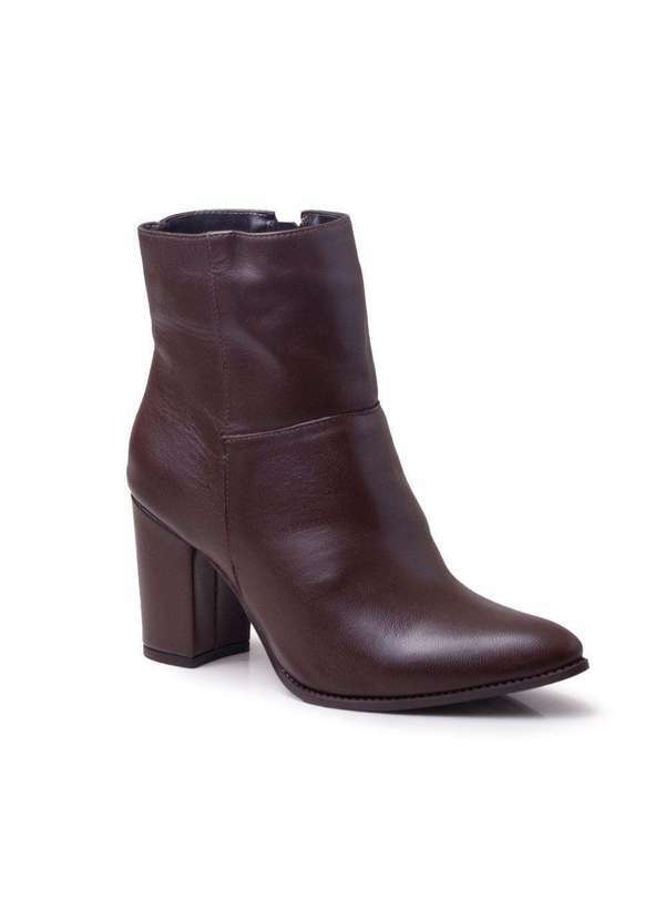 Via Miss - Bota Feminina Couro Bico Fino Salto Alto Ziper Lisa Conforto Marrom Escuro