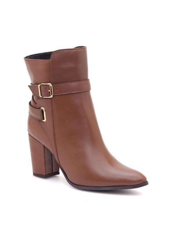 Via Miss - Bota Feminina Couro Cano Medio Bico Fino Salto Grosso Estilo Marrom