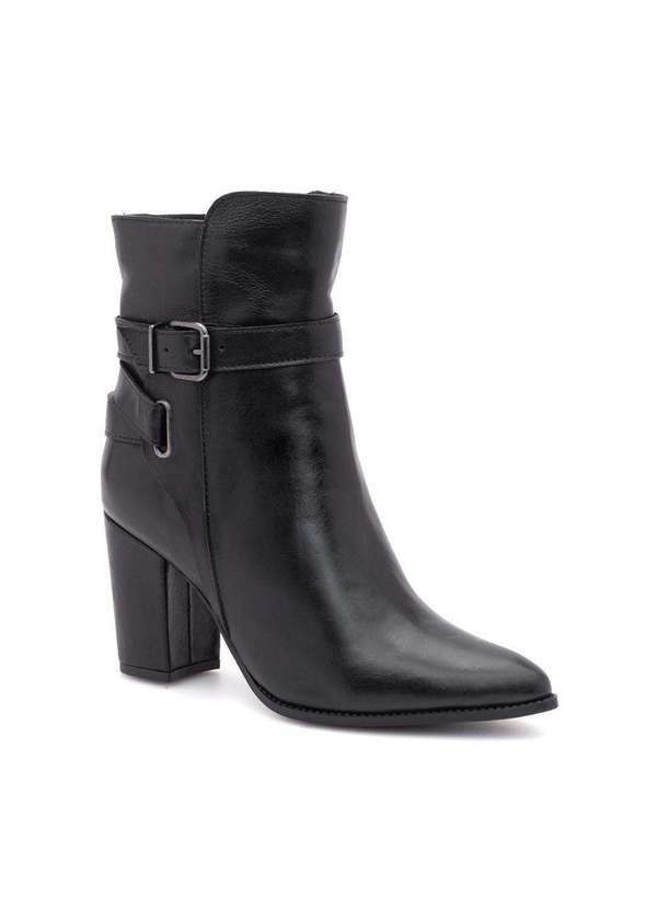 Via Miss - Bota Feminina Couro Cano Medio Bico Fino Salto Grosso Estilo Preto