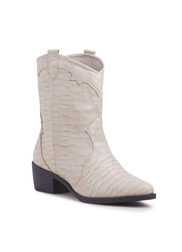 Via Miss - Bota Feminina Couro Western Salto Bloco Croco Bico Fino Off White