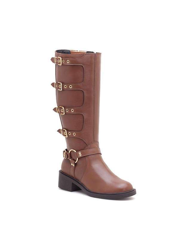 Via Miss - Bota Feminina Montaria Couro Confortavel Fivela Cano Alto Marrom