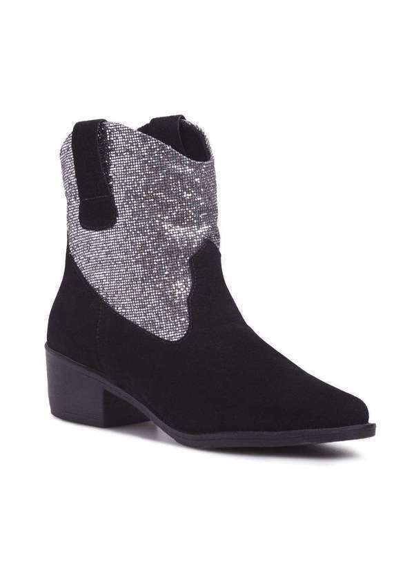 Via Miss - Bota Western Feminina Cano Curto Salto Grosso Brilhos Prata