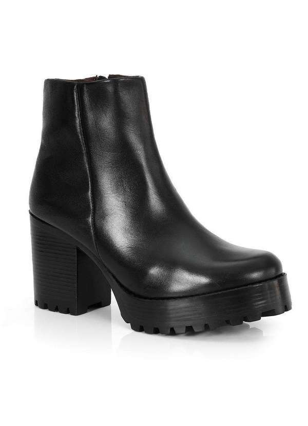 Via Miss - Coturno Feminino Bota Couro Cano Curto Tratorado Salto Preto