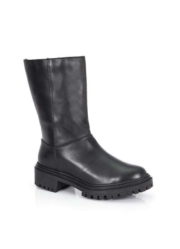 Via Miss - Coturno Feminino Bota Couro Tratorado Ziper Cano Medio Preto