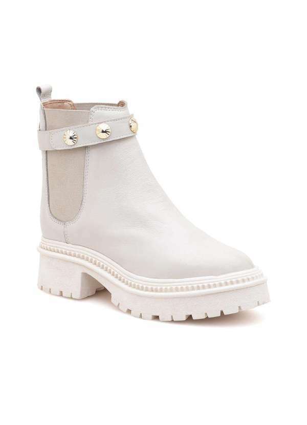 Via Miss - Coturno Feminino Bota Tratorada Couro Chelsea Tira Elastico Off White