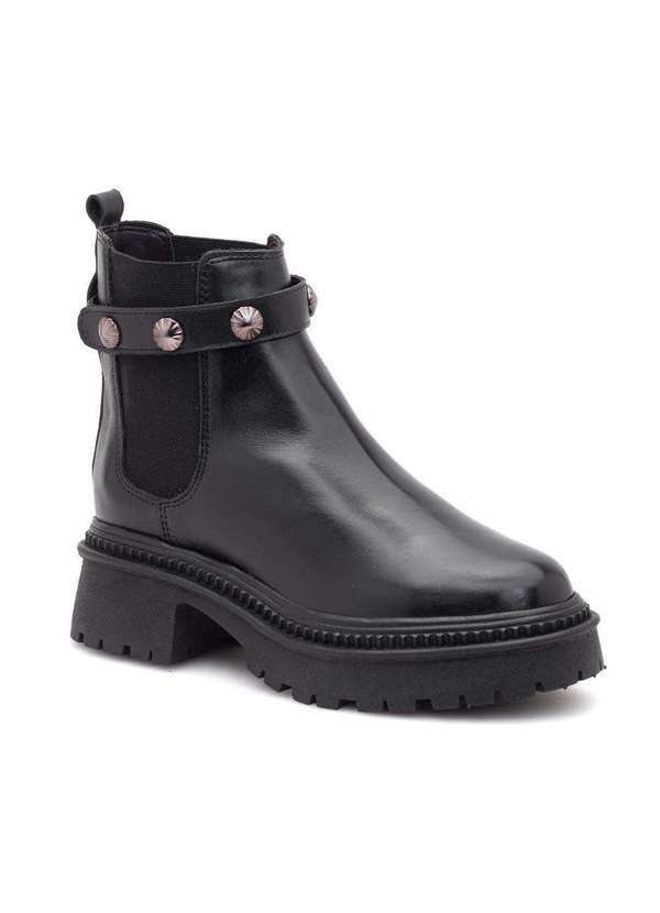 Via Miss - Coturno Feminino Bota Tratorada Couro Chelsea Tira Elastico Preto
