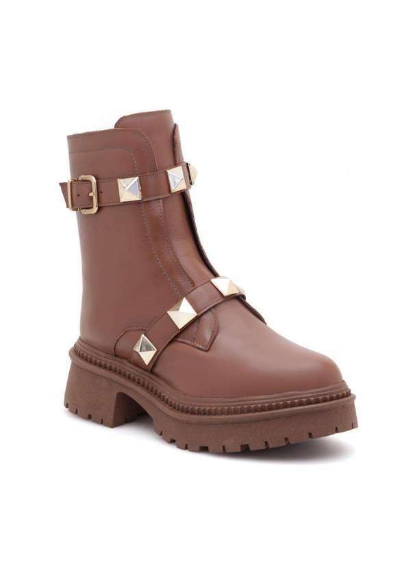 Via Miss - Coturno Feminino Bota Tratorado Cano Curto Couro Conforto Marrom