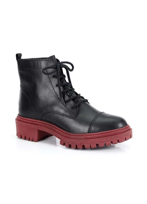 Via Miss - Coturno Feminino Bota Tratorado Couro Salto Baixo Conforto Preto/Vinho