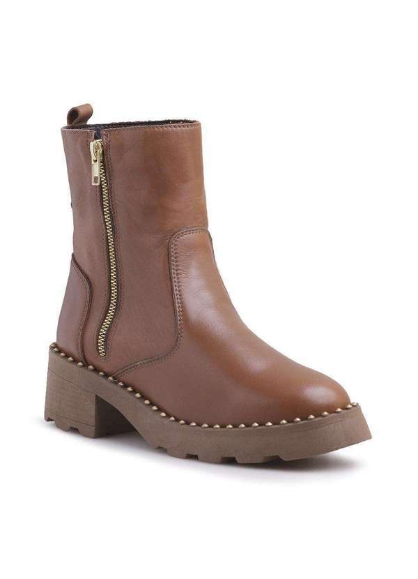Via Miss - Coturno Feminino Bota Tratorado Couro Ziper Conforto Spike Marrom