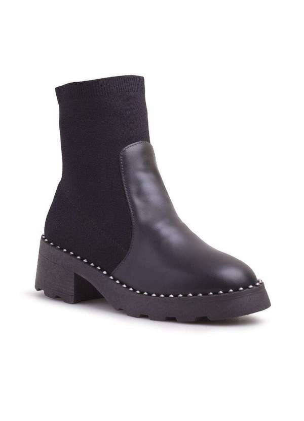 Via Miss - Coturno Feminino Couro Bota Cano Medio Tratorado Elastico Preto