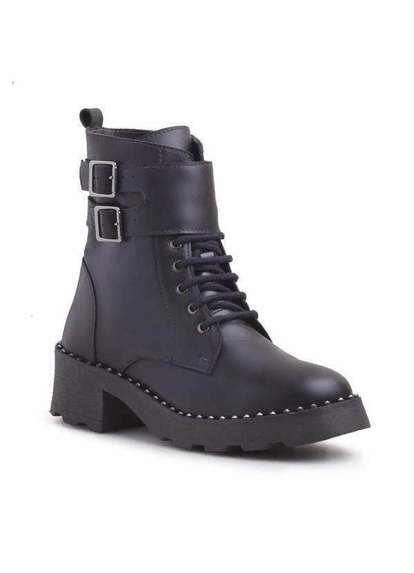 Via Miss - Coturno Feminino Couro Bota Cano Medio Tratorado Spikes Preto