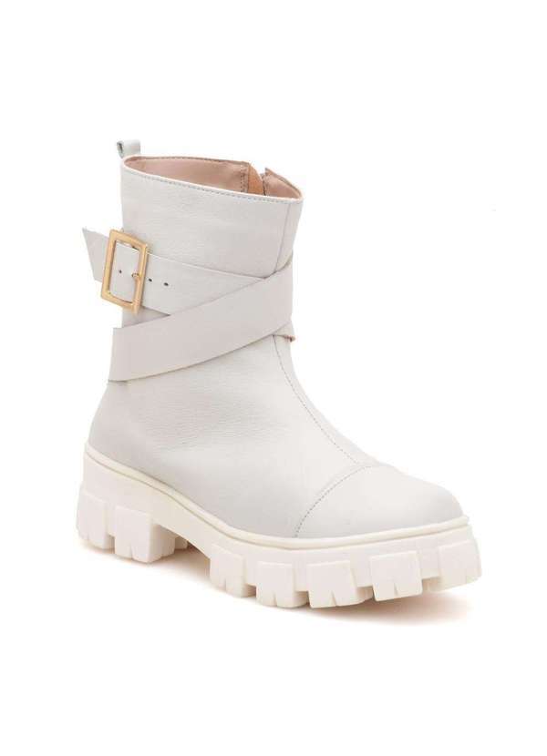 Via Miss - Coturno Feminino Tratorado Couro Bota Cano Curto Conforto Branco