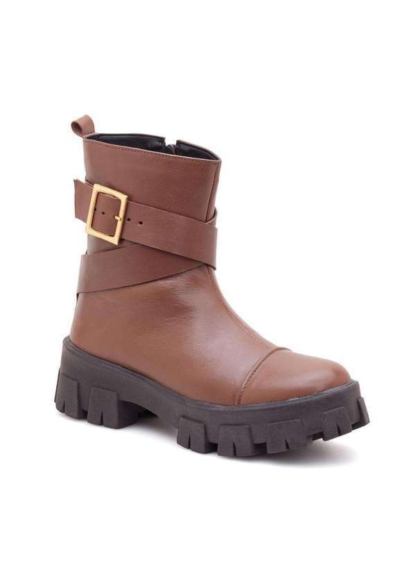 Via Miss - Coturno Feminino Tratorado Couro Bota Cano Curto Conforto Marrom