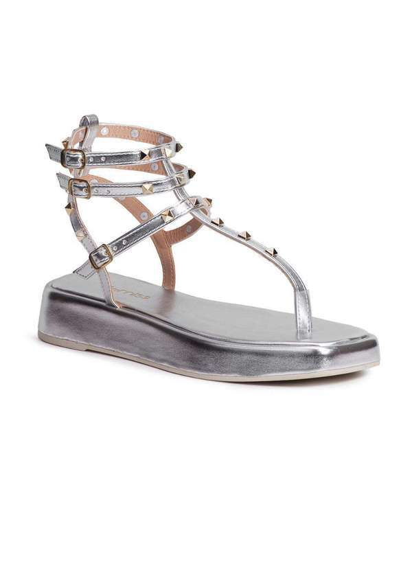 Via Miss - Papete Feminina Flatform Spike Fivela Confortavel Metalizada Prata