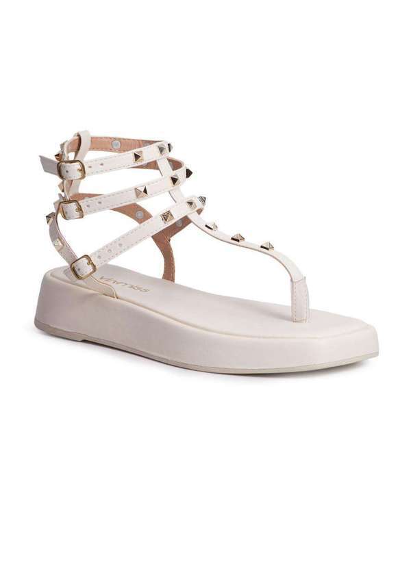 Via Miss - Papete Feminina Flatform Tiras Spikes Fivela Confortavel Branco