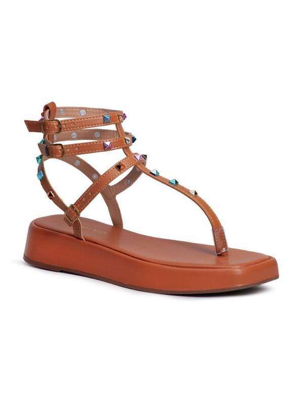 Via Miss - Papete Feminina Flatform Tiras Spikes Fivela Confortavel Marrom