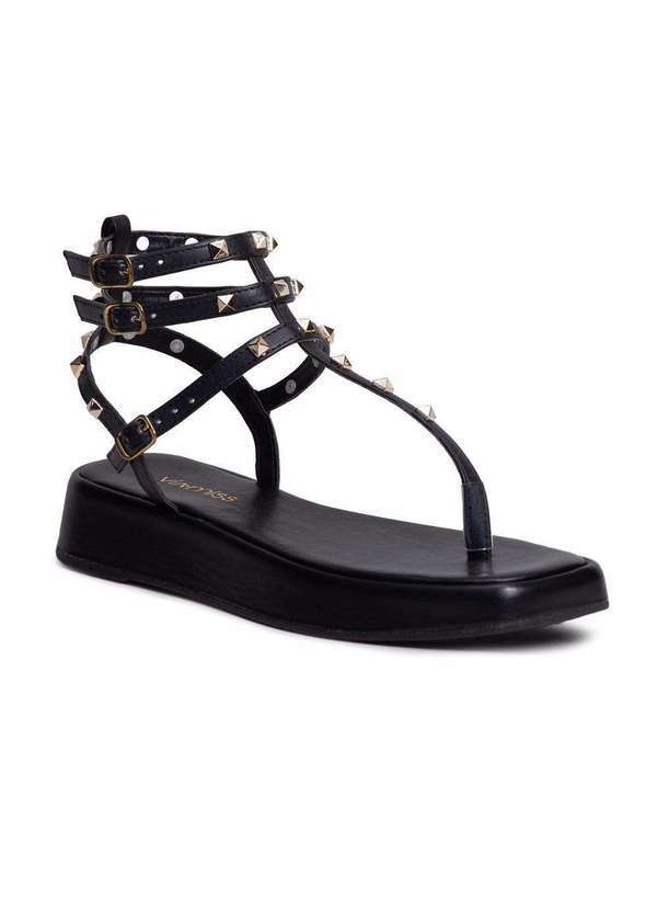 Via Miss - Papete Feminina Flatform Tiras Spikes Fivela Confortavel Preto
