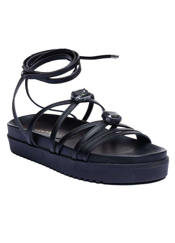 Via Miss - Papete Feminina Sandalia Amarracao Pedraria Confortavel Preto