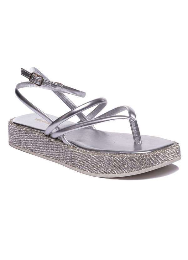 Via Miss - Papete Feminina Sandalia Brilho Strass Flatform Confortavel Prata