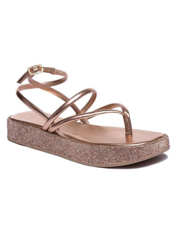 Via Miss - Papete Feminina Sandalia Brilho Strass Flatform Confortavel Dourado