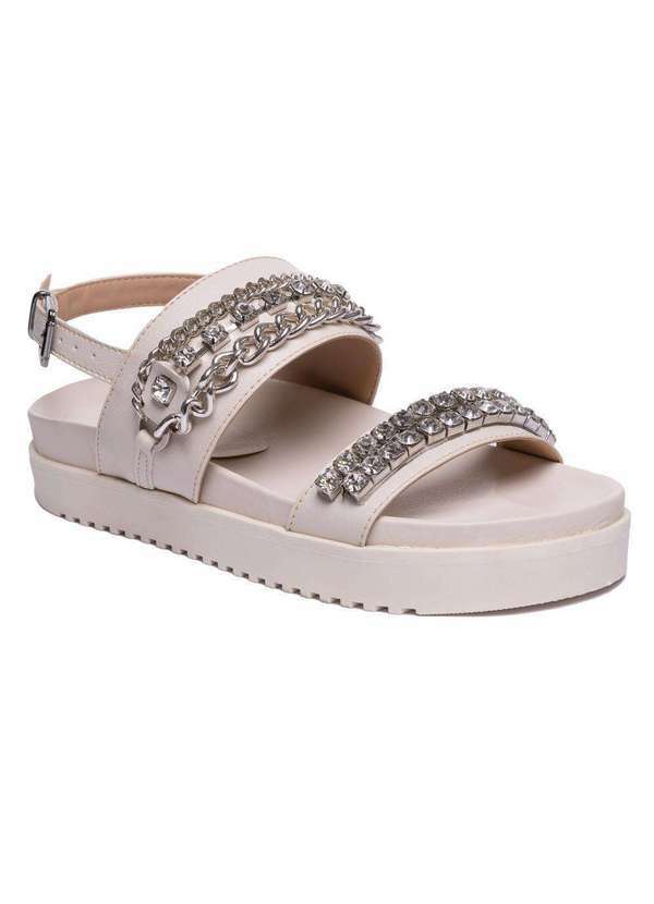 Via Miss - Papete Feminina Sandalia Fivela Flatform Corrente Cristal Off White
