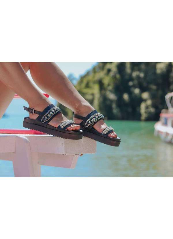 Via Miss - Papete Feminina Sandalia Fivela Flatform Corrente Cristal Preto 2