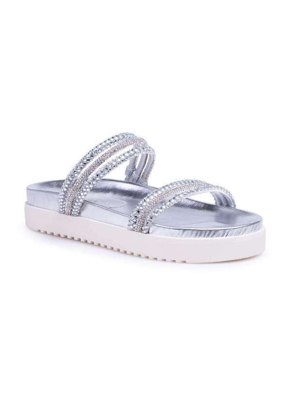 Via Miss - Papete Feminina Strass Pedraria Flatform Tiras Confortavel Prata
