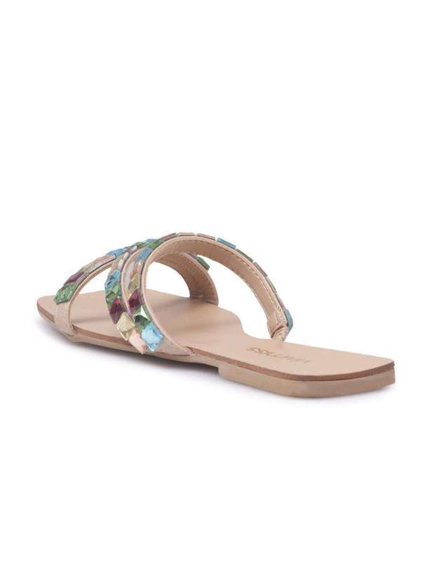 Via Miss - Rasteirinha Feminina Chinelo Slide Pedraria Tiras Moda Bege Claro 4