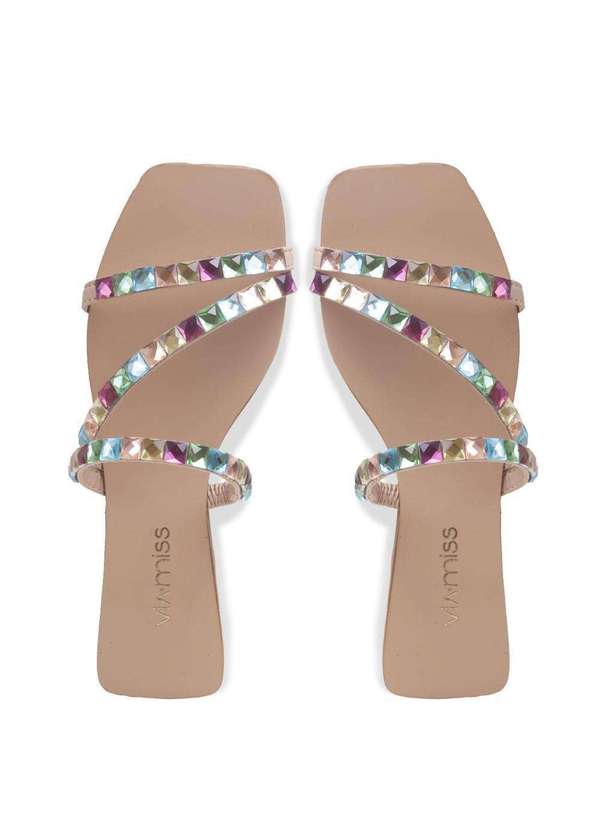 Via Miss - Rasteirinha Feminina Chinelo Slide Pedraria Tiras Moda Bege Claro 5