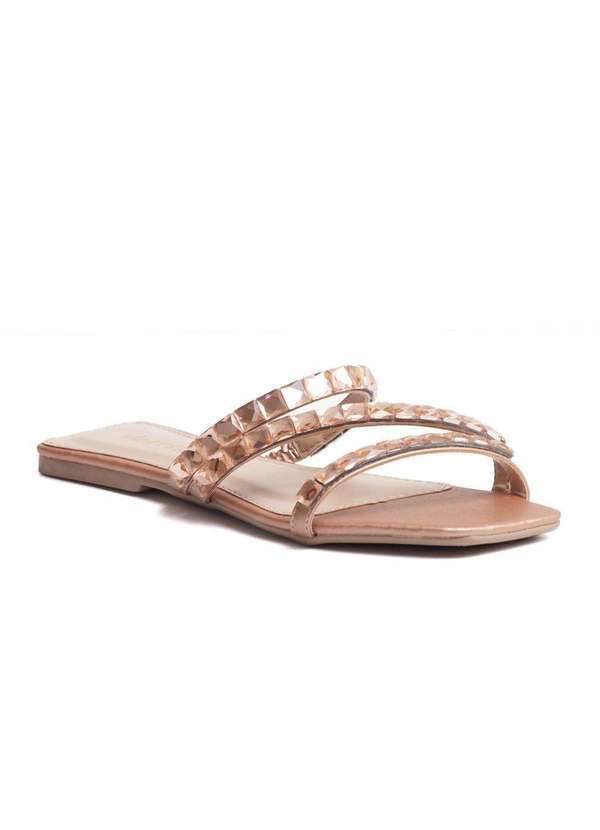 Via Miss - Rasteirinha Feminina Chinelo Slide Pedraria Tiras Moda Nude