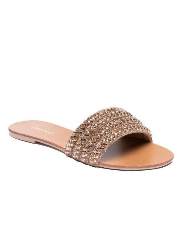 Via Miss - Rasteirinha Feminina Sandalia Confortavel Strass Verao Slide Marrom Claro