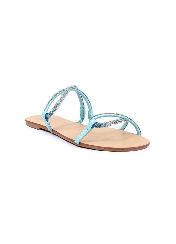 Via Miss - Rasteirinha Feminina Sandalia Tiras Strass Casual Leve Verao Azul Claro