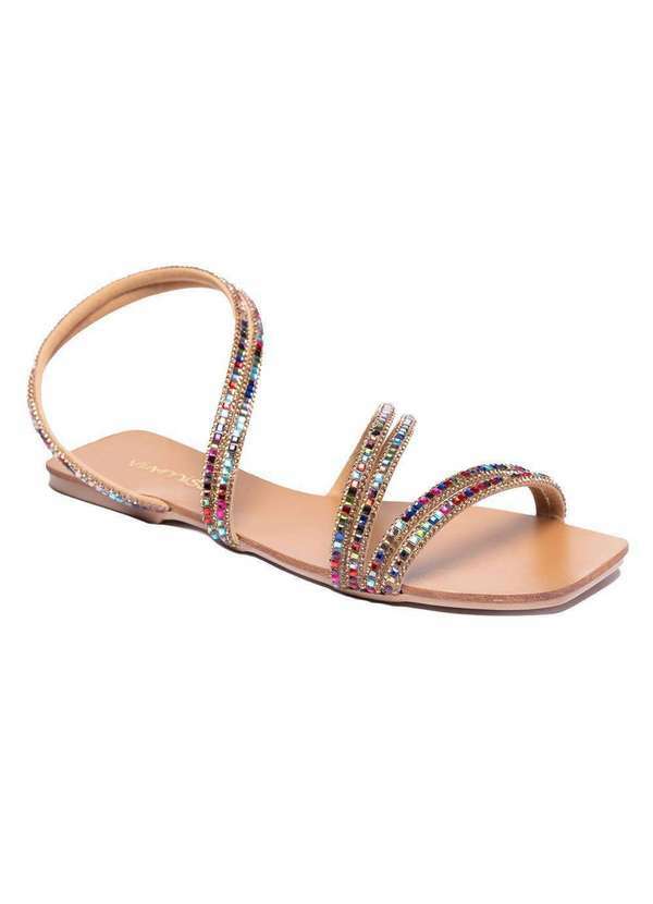 Via Miss - Sandalia Rasteira Feminina Strass Brilho Tiras Finas Caramelo