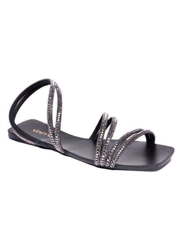 Via Miss - Sandalia Rasteira Feminina Strass Brilho Tiras Finas Preto