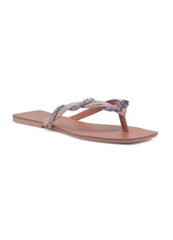 Via Miss - Sandalia Rasteira Feminina Strass Tiras Finas de Dedo Brilho Caramelo