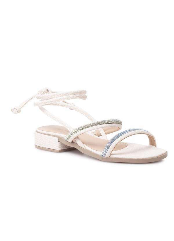 Via Miss - Sandalia Feminina Salto Medio Confortavel Leve Tira Strass Branco